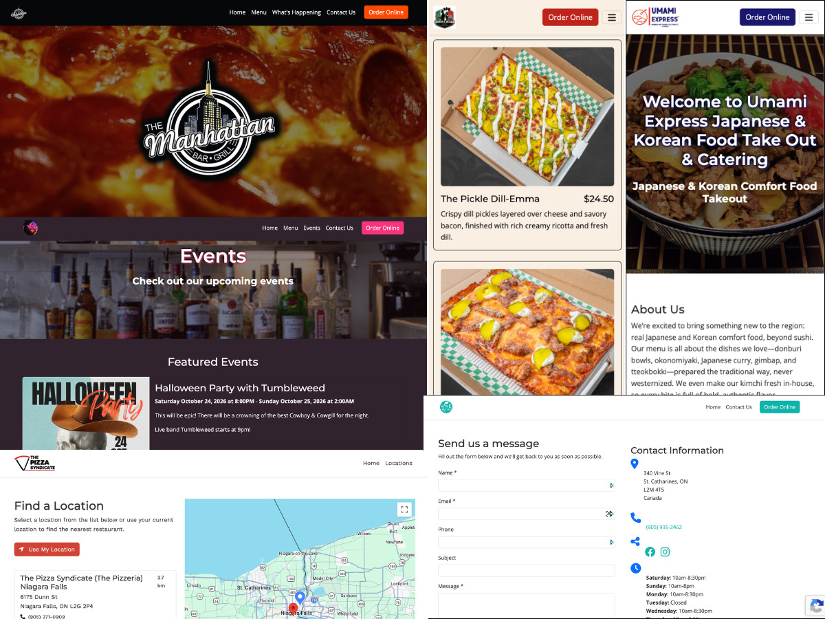 Managed restaurant website dashboard showing business information, hours, and menu structured for Google