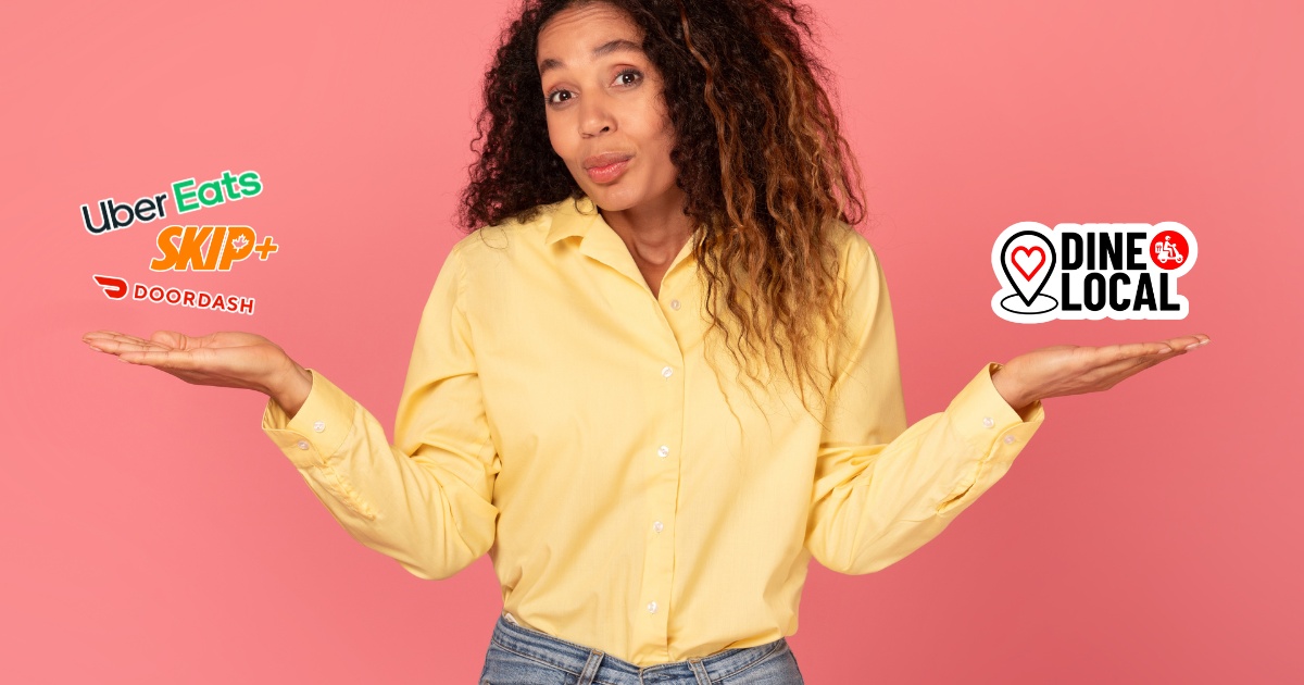 Image of a woman with her hands out weighing options to signify comparing restaurant delivery options between Dine Local and third party delivery companies.