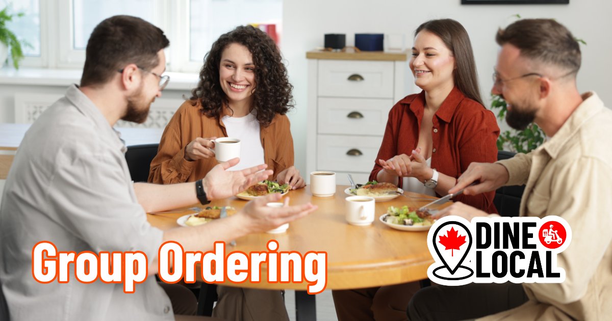 Four colleagues sharing a group lunch order around an office table with coffee and plates of food, overlaid with the words Group Ordering and the Dine Local logo